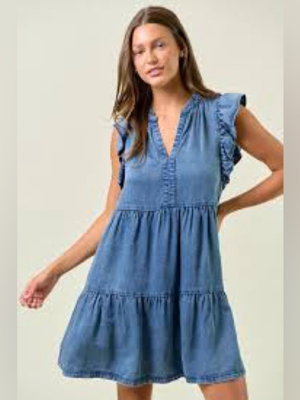 Time and Tru Light Blue Chambray  V-Neck Tiered Tunic Dress Ruffle Sleeves Sz M